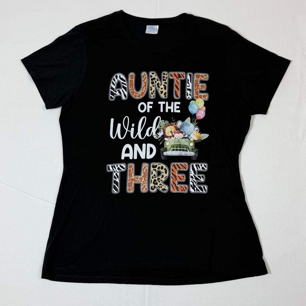 Womenβs Size L Auntie of the Wild and Three Safari Animals Tee Black 100% Cotton